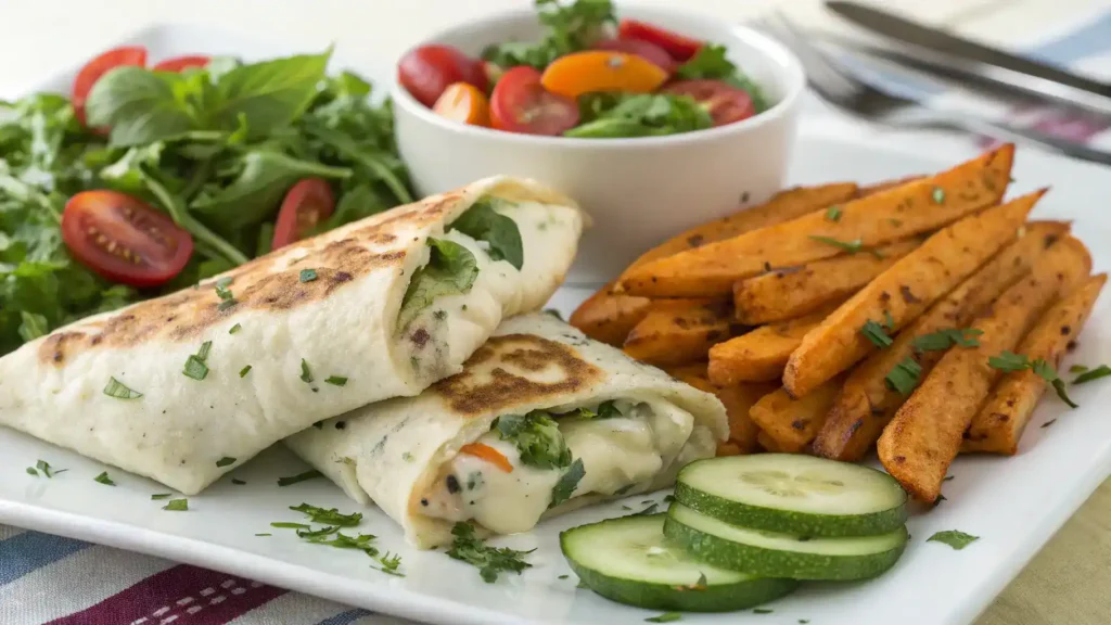 Cheesy Garlic Chicken Wraps served with salad and fries.