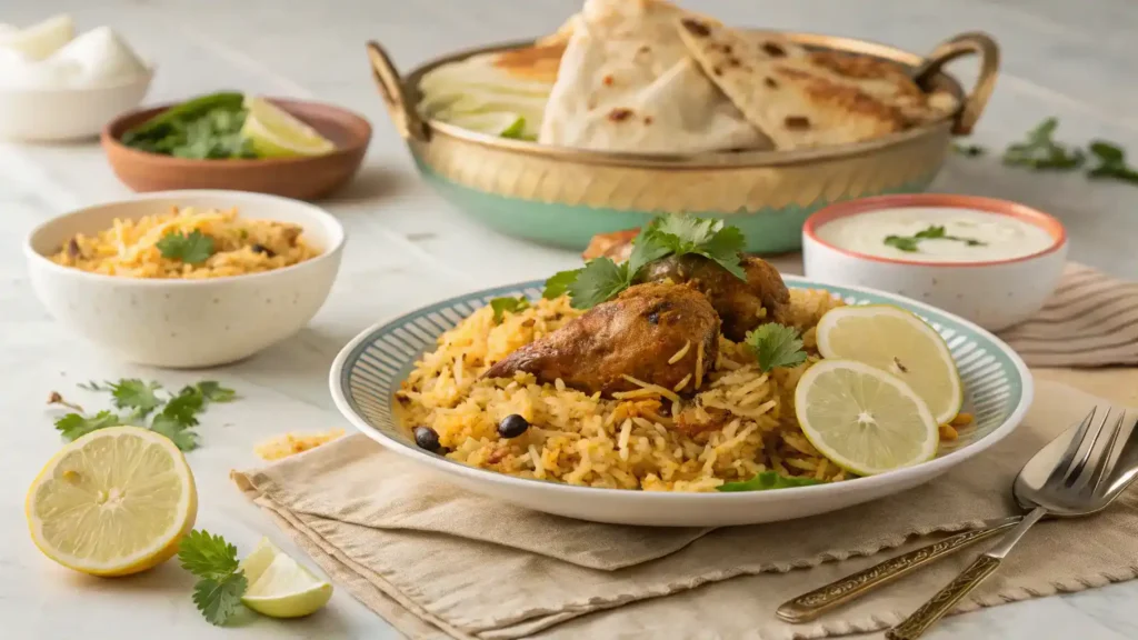 Serving suggestions for Chicken Dum Biryani with garnishes and sides.