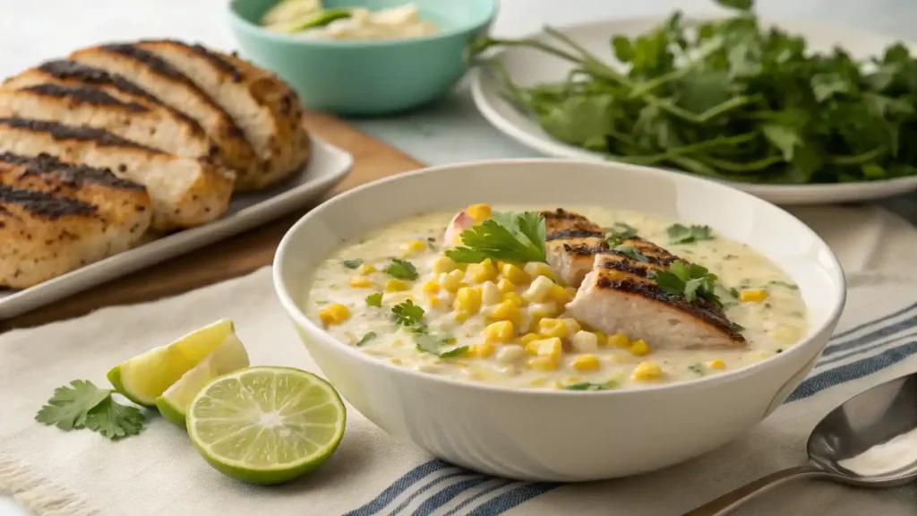 Creamy white corn served with grilled chicken and garnished with cilantro.