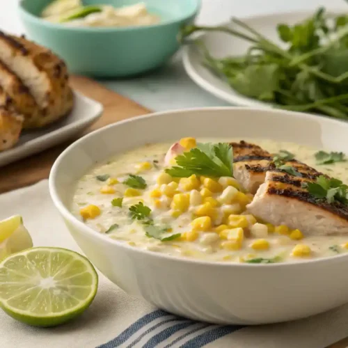 Creamy white corn served with grilled chicken and garnished with cilantro.
