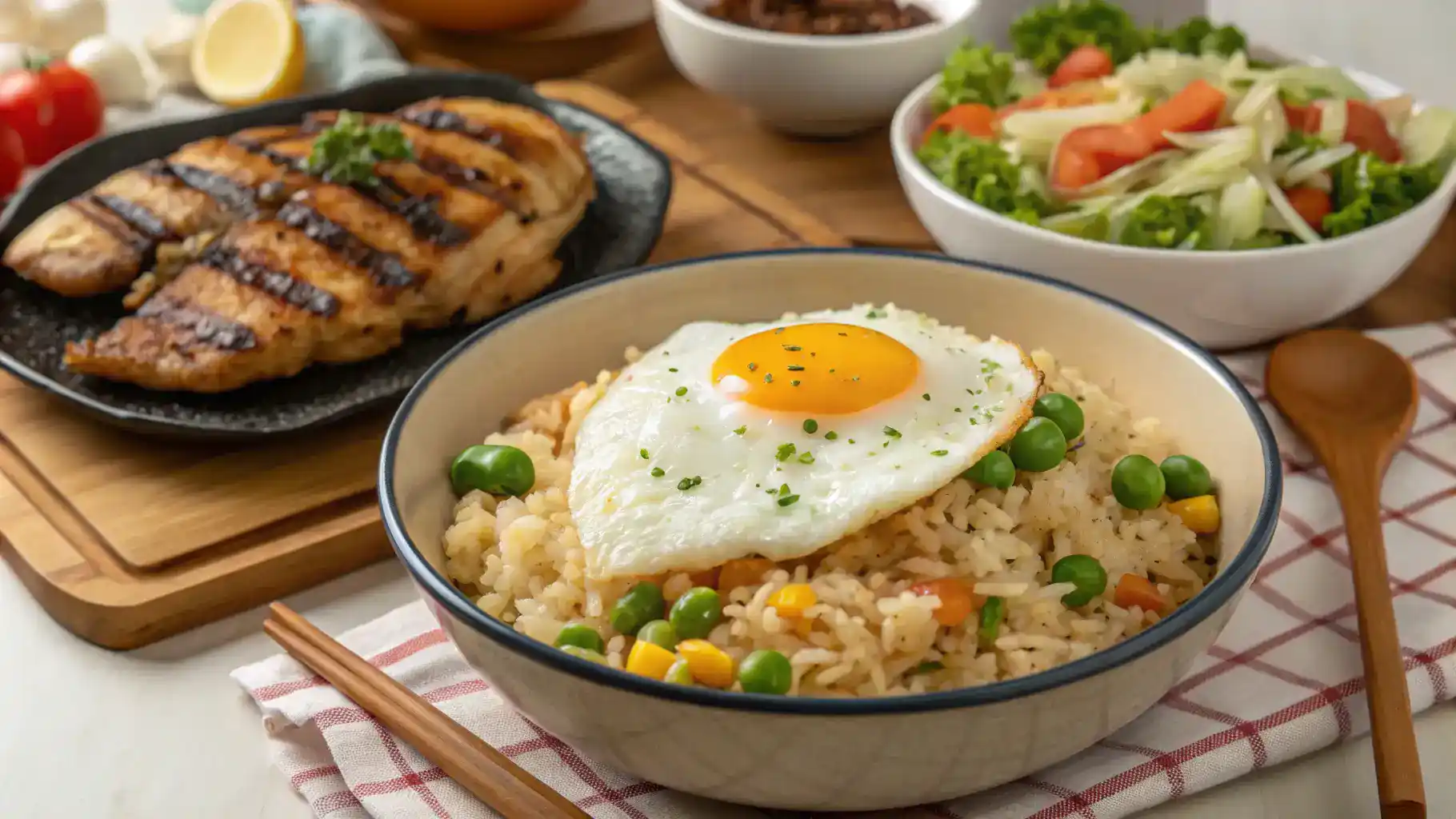 Garlic fried rice served with a fried egg and grilled chicken.
