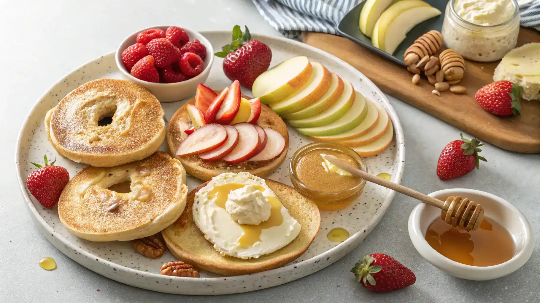 Different serving ideas for Honey Butter Spread on a platter.