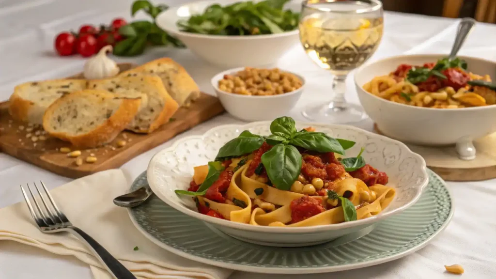 Serving suggestions for Italian Drunken Noodles with garnishes and sides.