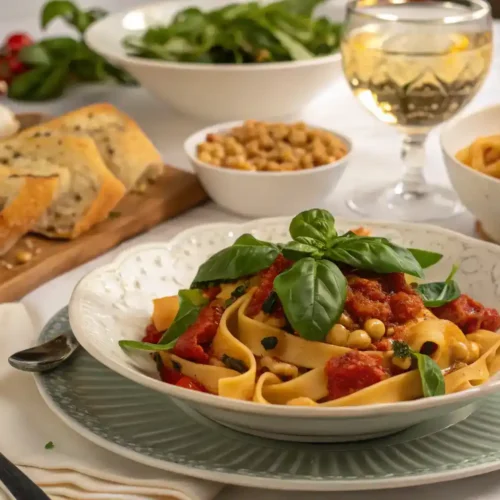 Serving suggestions for Italian Drunken Noodles with garnishes and sides.