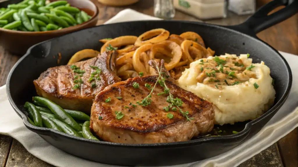 Juicy skillet pork chops served with sides like mashed potatoes and green beans.