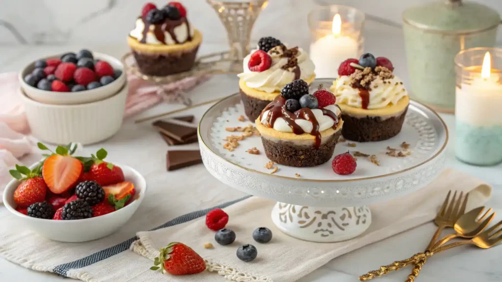 Serving suggestions for Loaded Brownie Cheesecake Cups with various toppings.