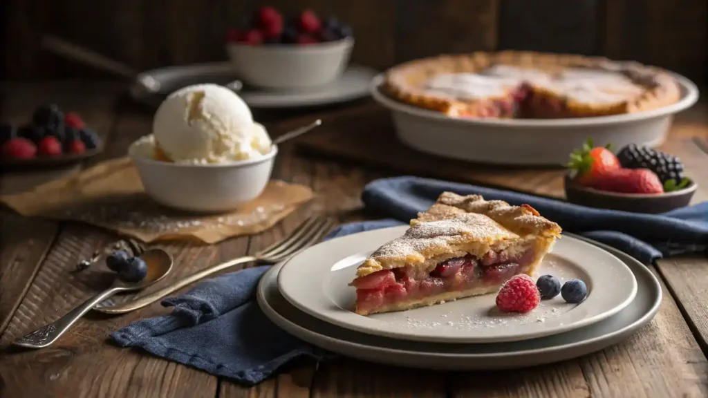 Old-Fashioned Rhubarb Pie served with vanilla ice cream and fresh berries.