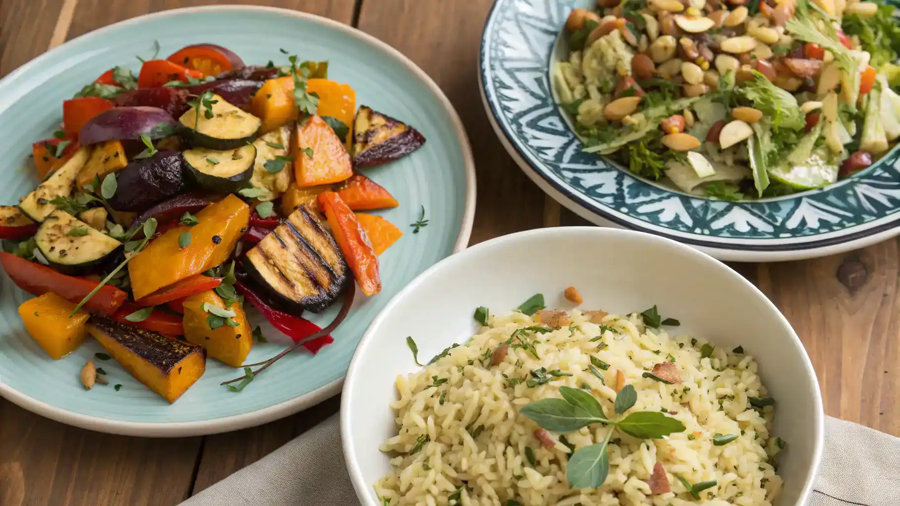Different serving suggestions for orzo, including a salad, roasted vegetables, and a grain bowl.