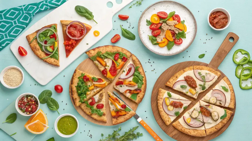 Various serving suggestions for protein pizza, including salads and dips.