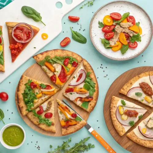 Various serving suggestions for protein pizza, including salads and dips.