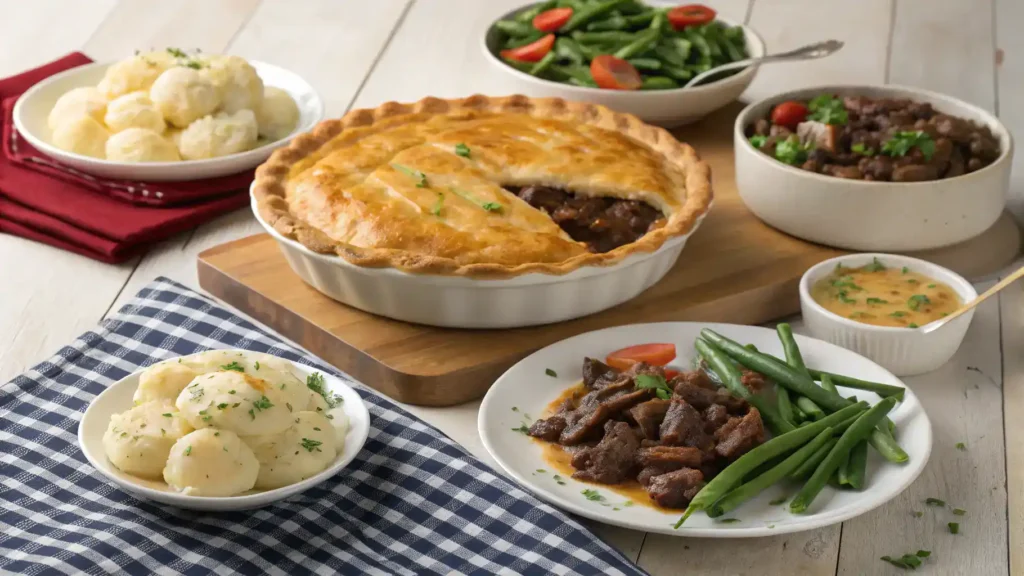 Serving suggestions for Quebec-Style Beef Tourtière with apple sauce, salad, and bread.
