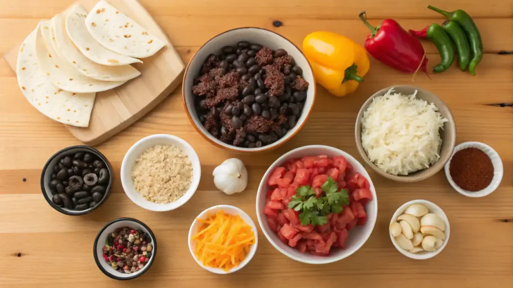 Ingredients for Baked Burrito Casserole including ground beef, black beans, refried beans, rice, bell peppers, onion, garlic, and spices.