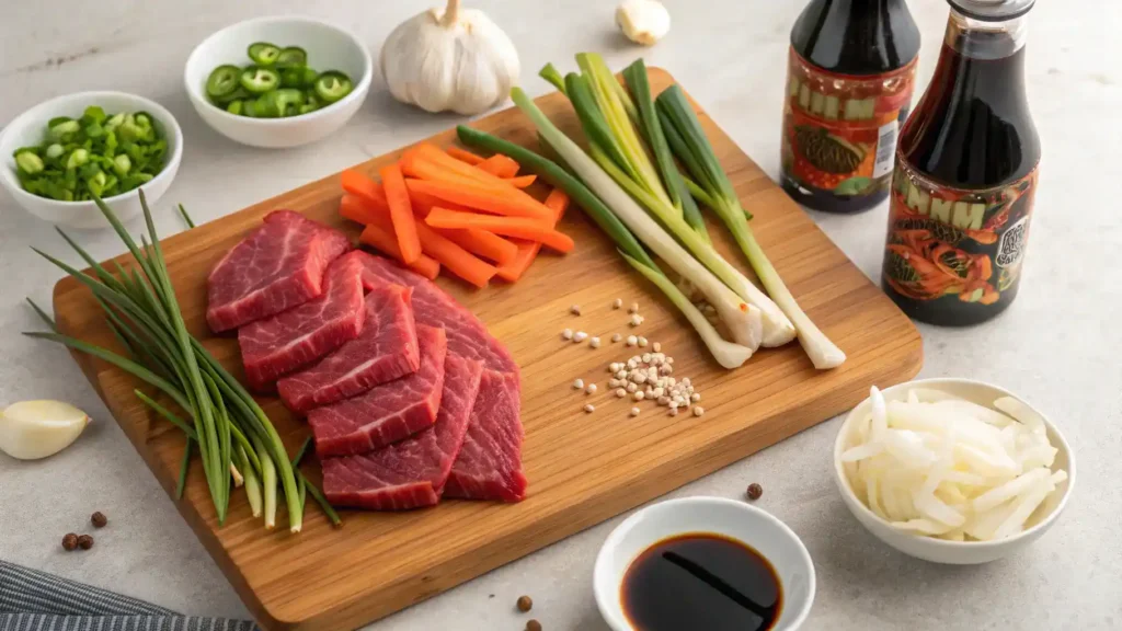 Ingredients for Bo Ne including beef, garlic, and vegetables on a cutting board.