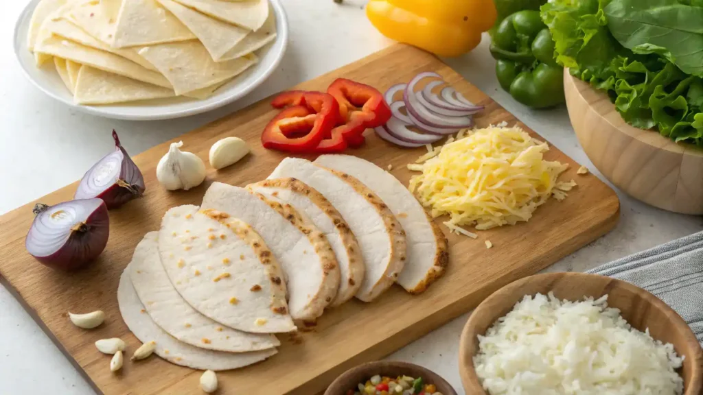 Ingredients for Cheesy Garlic Chicken Wraps displayed on a wooden cutting board.