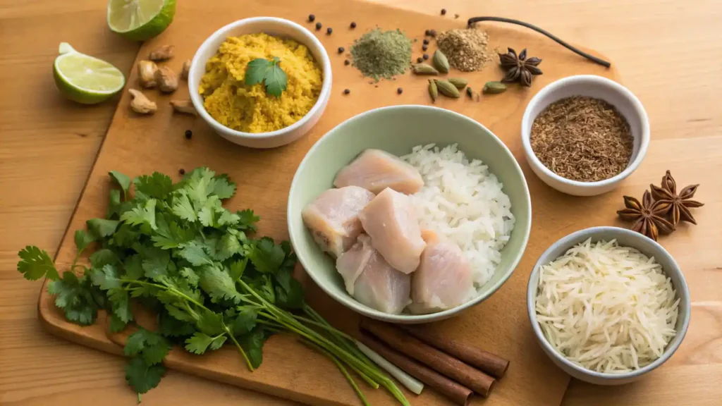 Ingredients for Chicken Dum Biryani arranged on a wooden table.