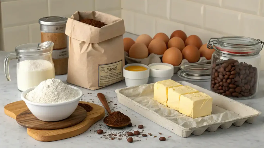 Ingredients for Cotton Marble Cake displayed on a kitchen counter.