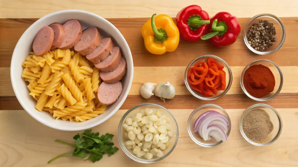 Ingredients for creamy Cajun sausage pasta displayed on a countertop.