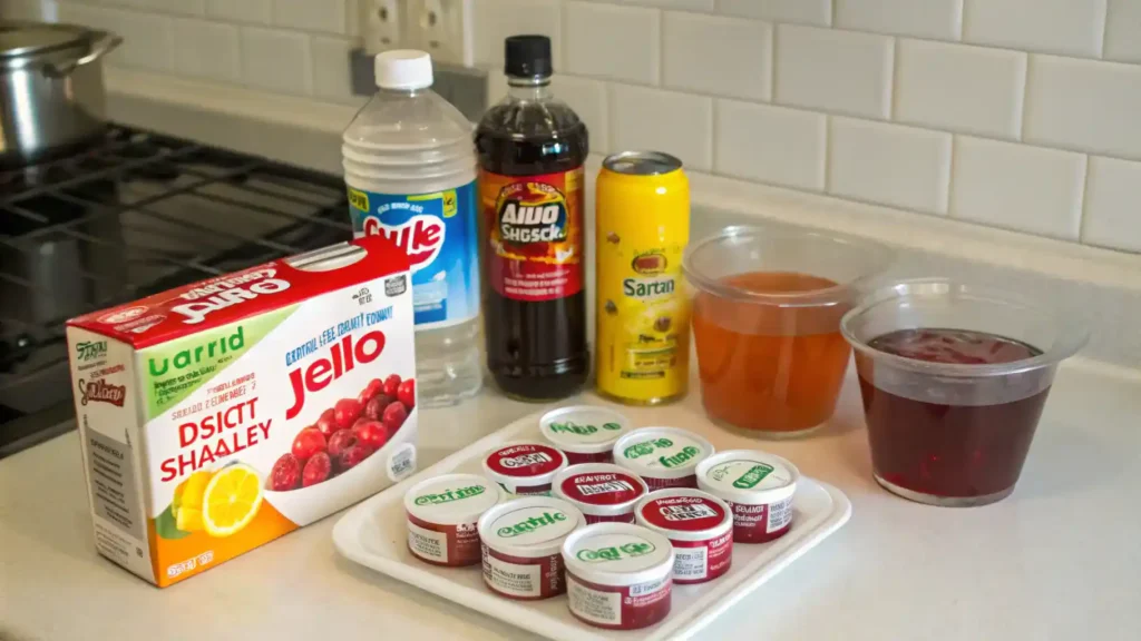 Ingredients for Dirty Shirley Jello Shots arranged on a kitchen counter.