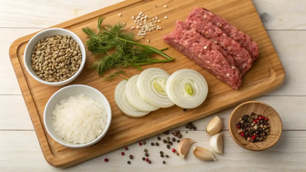 Ingredients for fennel sausage displayed on a cutting board.