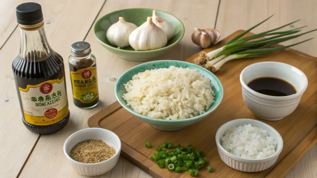 Ingredients for garlic fried rice displayed on a wooden countertop.