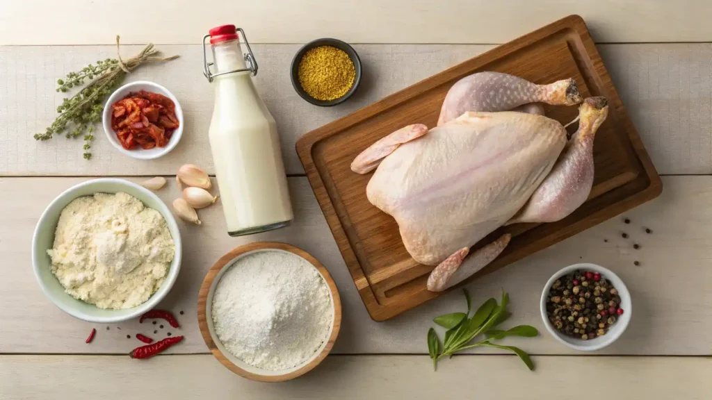 Ingredients for Homemade KFC Chicken in the Oven including chicken, buttermilk, flour, and spices.