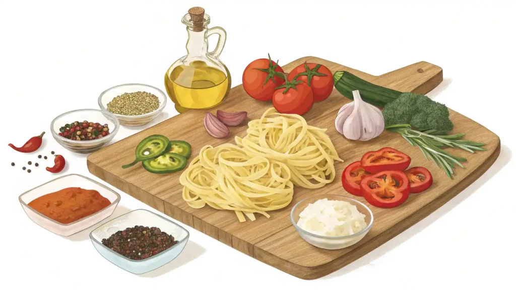 Ingredients for Italian Drunken Noodles including rice noodles, vegetables, and spices.