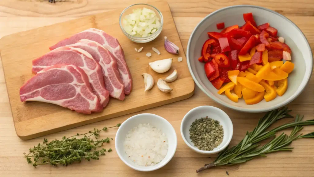 Ingredients for juicy skillet pork chops including pork chops, olive oil, spices, and fresh herbs.