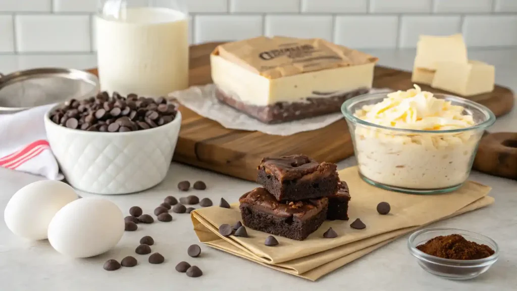 Ingredients for Loaded Brownie Cheesecake Cups displayed on a kitchen counter.