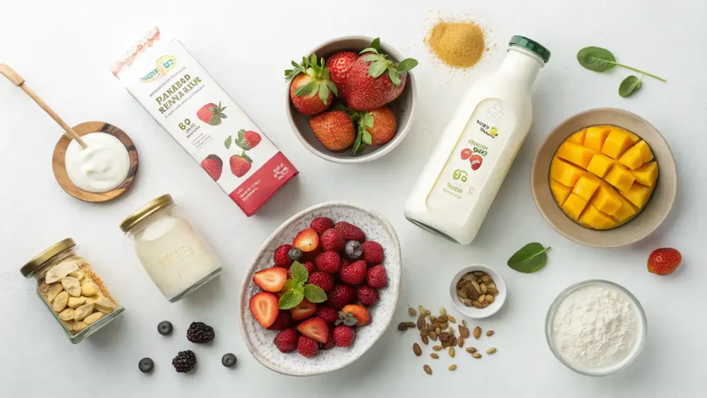 An assortment of ingredients for Ninja Creami recipes, including heavy cream, fruits, and sweeteners.