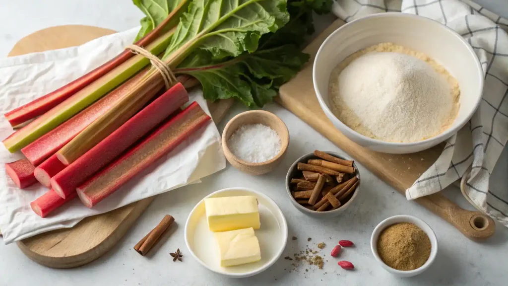 Ingredients for Old-Fashioned Rhubarb Pie including rhubarb, sugar, flour, butter, and spices arranged on a table.