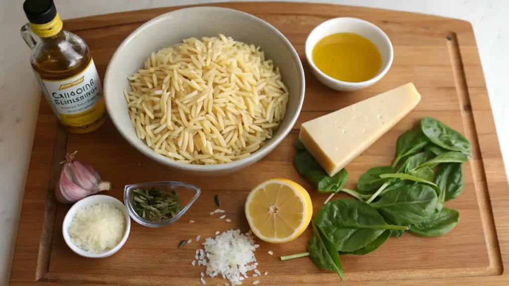 Ingredients for orzo recipe including orzo, vegetable broth, olive oil, garlic, onion, spinach, Parmesan cheese, and lemon juice.
