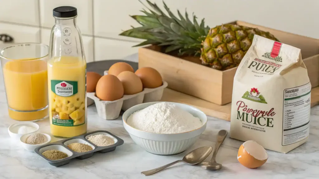 Ingredients for Pineapple Juice Cake including pineapple juice, flour, sugar, eggs, and baking powder displayed on a kitchen counter.