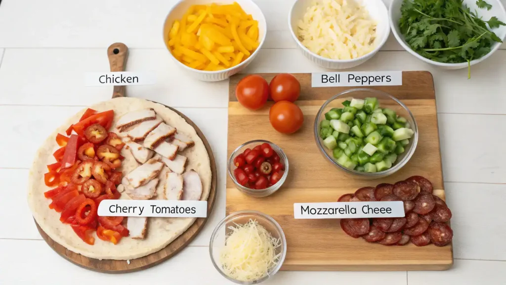 Ingredients for protein pizza including whole wheat flour, protein powder, Greek yogurt, and vegetables.