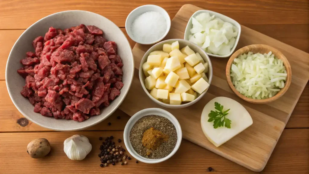 Ingredients for Quebec-Style Beef Tourtière including ground beef, onions, garlic, and spices.