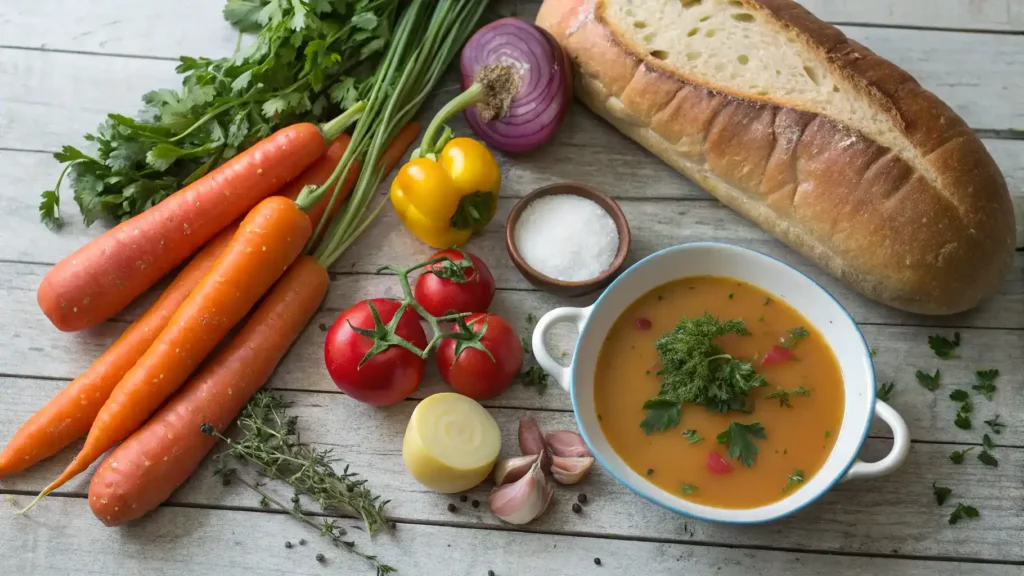 A collection of fresh ingredients for making soup and bread, including vegetables and herbs.