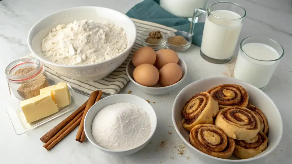 Ingredients for TikTok cinnamon rolls including flour, sugar, and cinnamon.