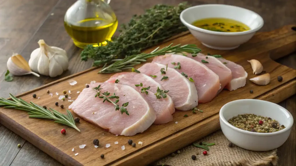 Ingredients for turkey chops displayed on a cutting board.