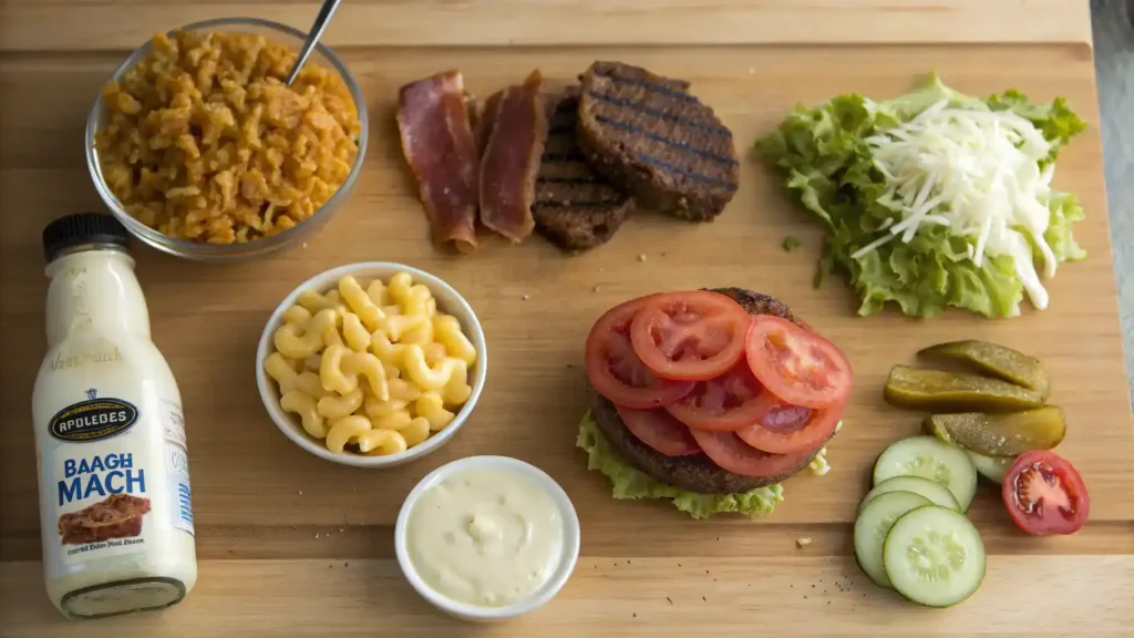 Ingredients for Bacon Ranch Mac 'n' Cheese Burger displayed on a wooden table.