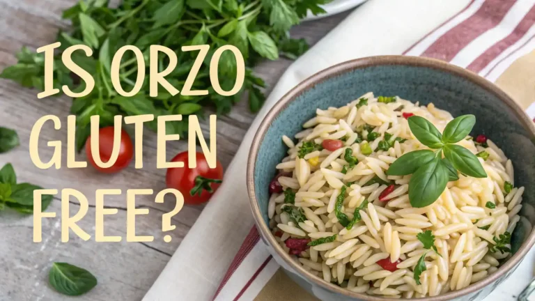 A bowl of orzo pasta with a gluten-free label, garnished with fresh herbs.