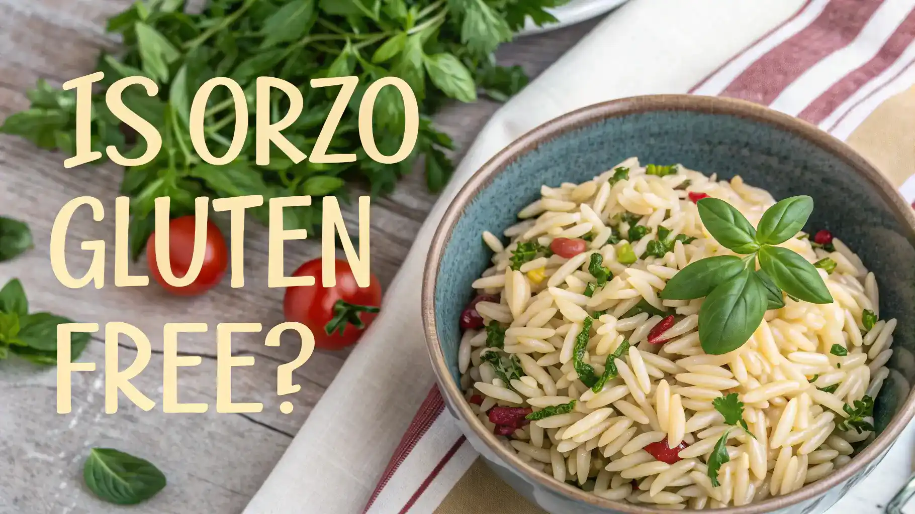 A bowl of orzo pasta with a gluten-free label, garnished with fresh herbs.