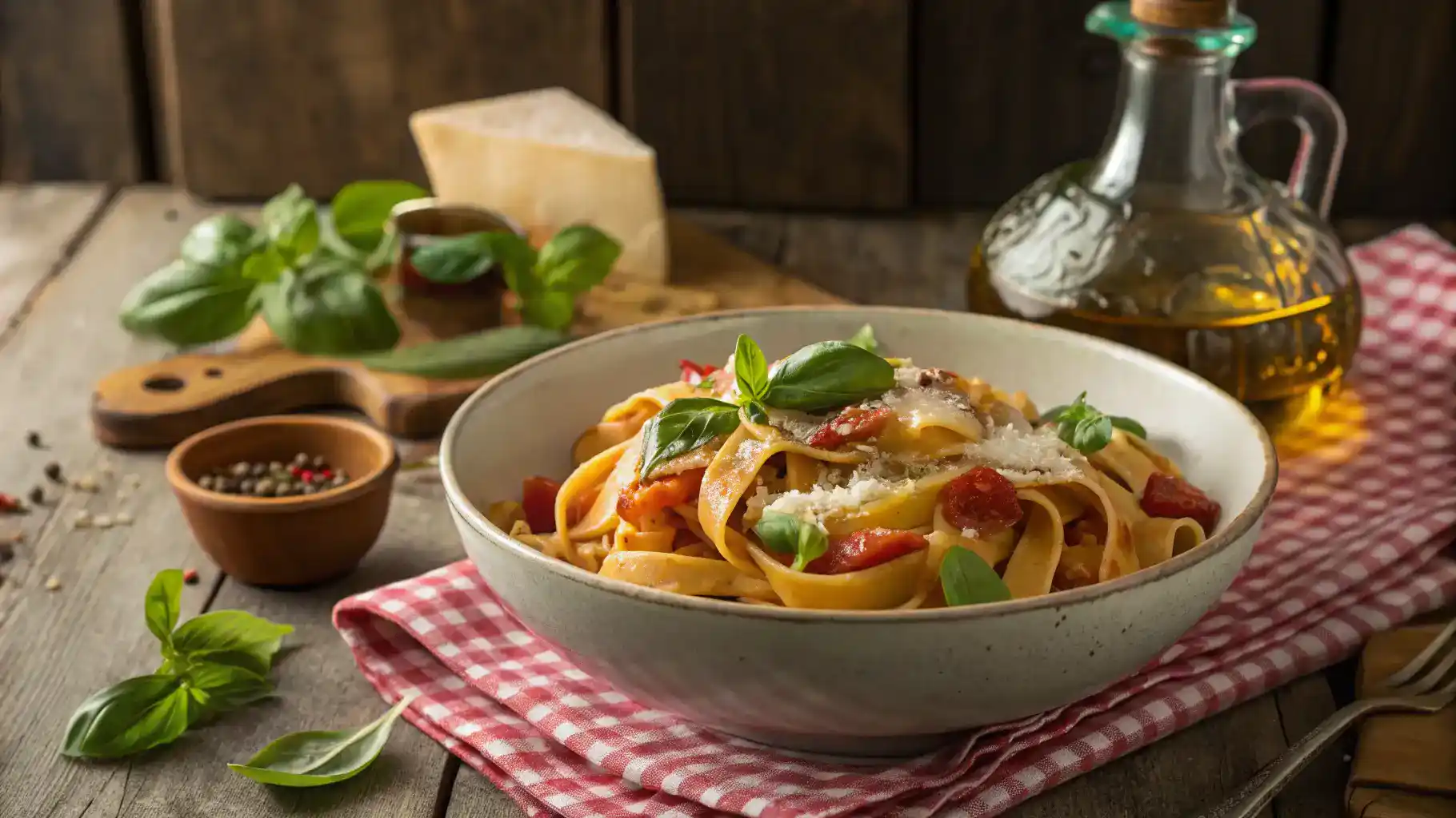 A bowl of Italian Drunken Noodles garnished with basil and Parmesan.