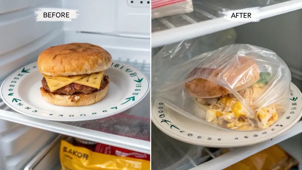Storage and reheating instructions for Bacon Ranch Mac 'n' Cheese Burger leftovers.