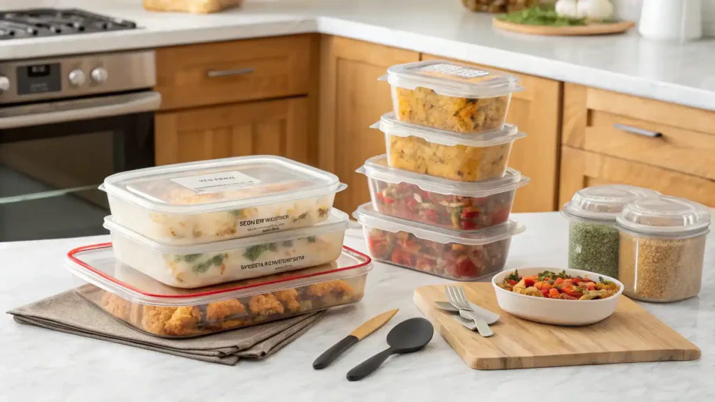 Storing leftovers of Baked Burrito Casserole in airtight containers.