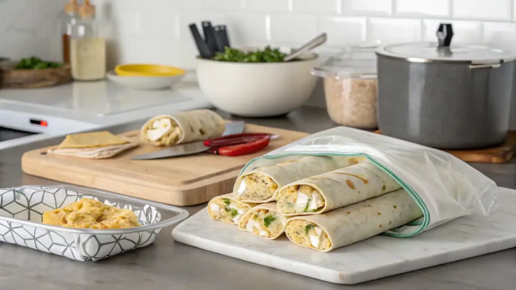 Storage tips for Cheesy Garlic Chicken Wraps with leftovers wrapped.