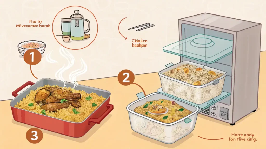 Storage and reheating methods for Chicken Dum Biryani.