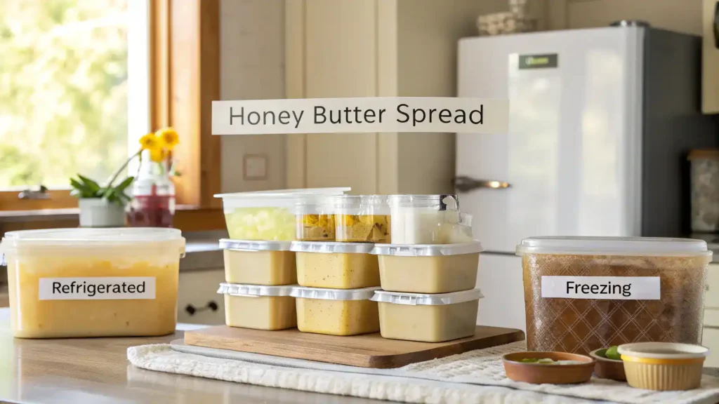 Storage and freezing tips for Honey Butter Spread in a kitchen setting.