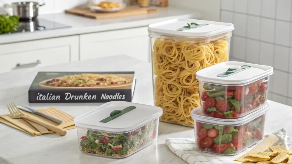 Storing Italian Drunken Noodles in airtight containers.