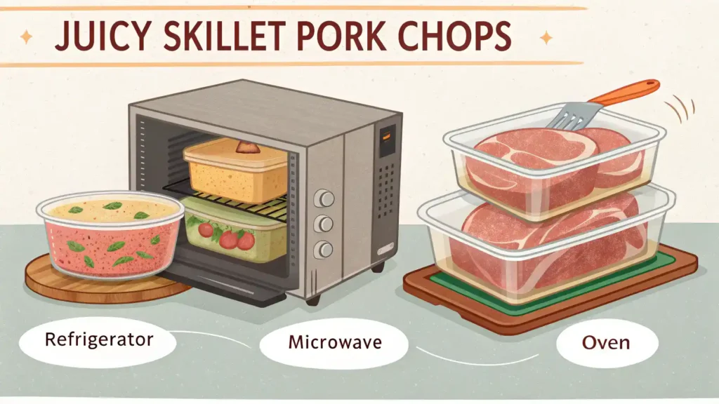 Storing and reheating juicy skillet pork chops in airtight containers.