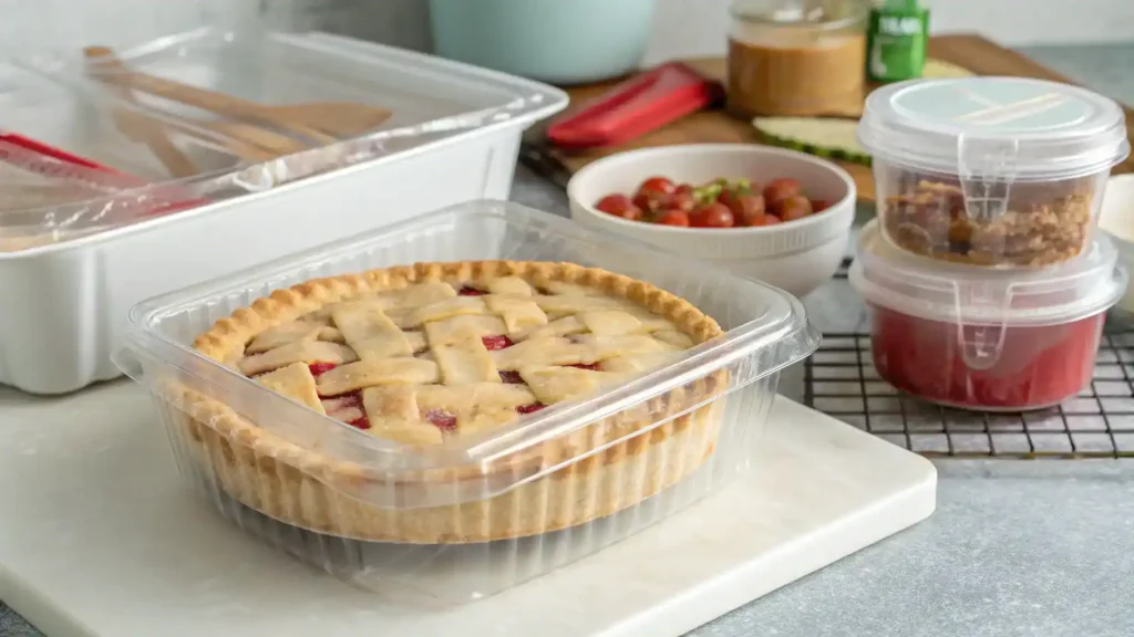 Proper storage methods for Old-Fashioned Rhubarb Pie displayed with containers and wrapping.