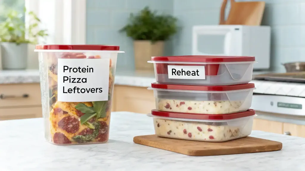 Storage and reheating instructions for leftover protein pizza.